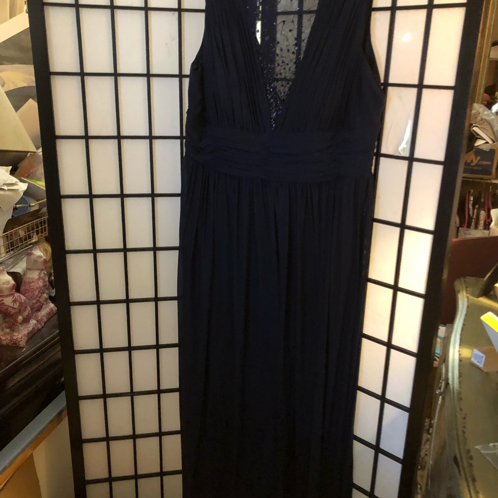 NWOT Marina Navy Sheer Sparkle Chiffon Neckline, Deep V Neck, Ruched Waist Gown